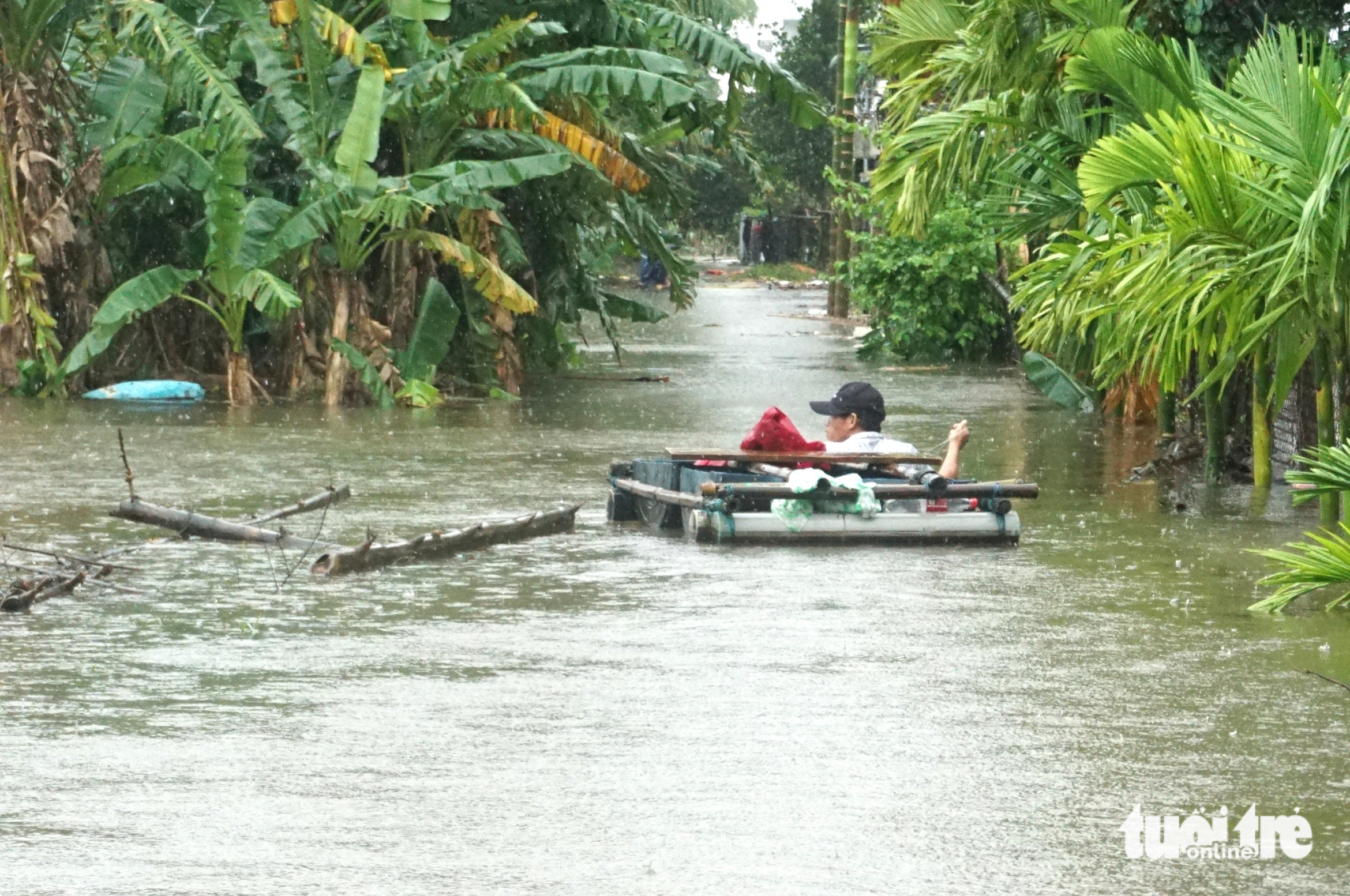 岘港洪水区域的图像:白茫茫的水,居民划船出行